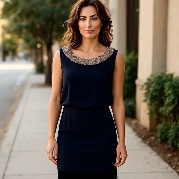 Cachet Black Beaded Neckline Open Back Formal Sheath Dress Medium - Picture 1 of 10